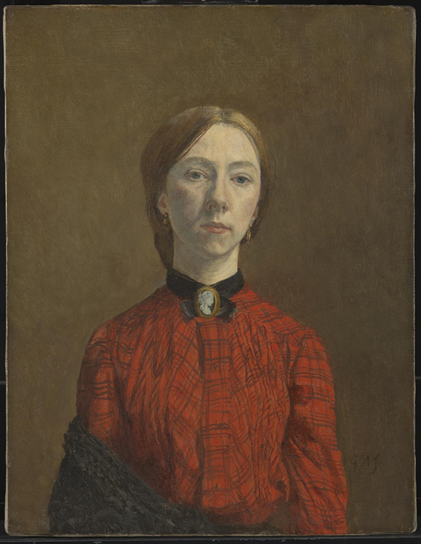 Painting of a woman with light skin and light brown hair wearing a red dress.