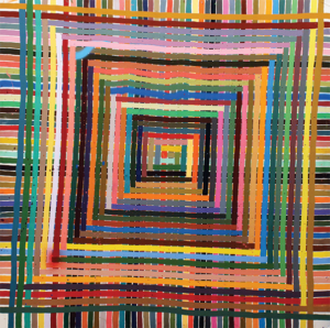 A painting by Alicia McCarthy, comprising of countless rainbow lines in square shapes inside of one another. 