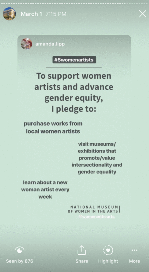 A rotating image shows different Instagram posts, in which many different individuals and institutions fill in the official NMWA template with names of women artists and institutional pledges.