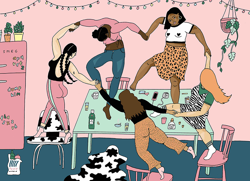 Five diverse women hold hands in a circle as they dance on chairs and a table in a kitchen. String lights cross the ceiling; a plant hangs from the upper right corner, and plants also rest on top of the pink fridge. The colors are mostly muted pastel pinks, greens, and blues.