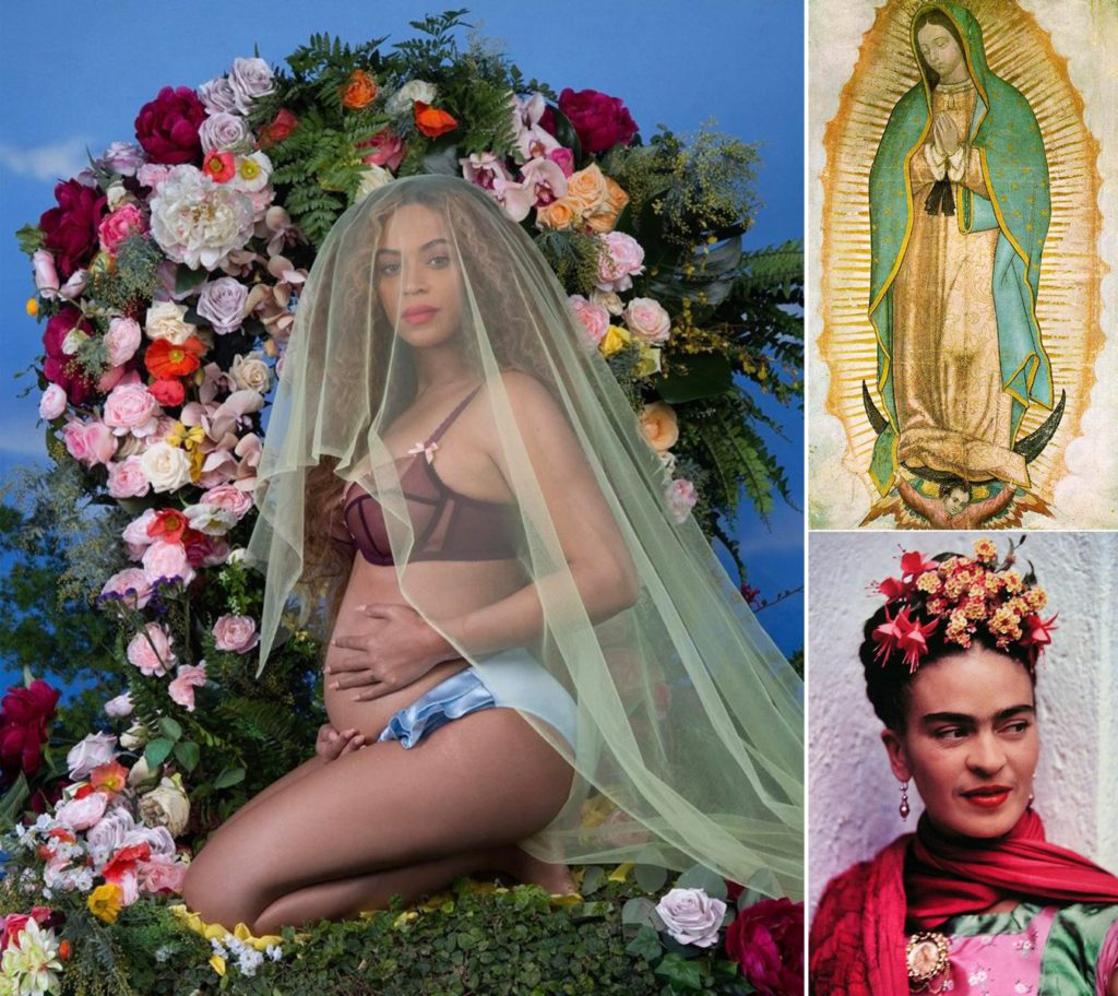 Clockwise: Awol Erikzu’s photograph of Beyoncé; Our Lady of Guadalupe; Frida Kahlo photographed by Nickolas Muray