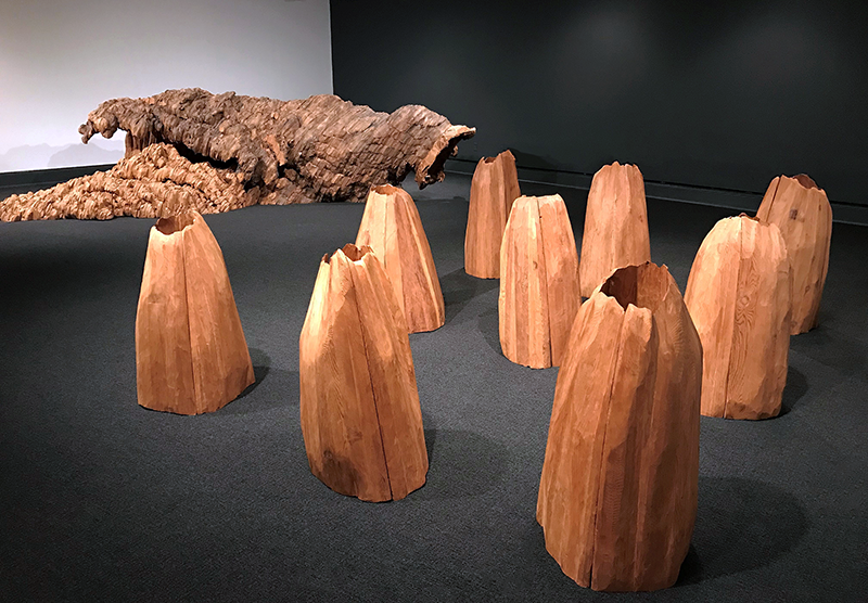 Foreground: Ursula von Rydingsvard, Untitled (nine cones), 1976; Cedar, Nine elements, each approx. 42 in. high; © Ursula von Rydingsvard, Courtesy of Galerie Lelong & Co.; Background: Ursula von Rydingsvard, Droga, 2009; Cedar and graphite, 4 ft. 6 in. x 9 ft. 7 in. x 18 ft. 3 in.; © Ursula von Rydingsvard, Courtesy of Galerie Lelong & Co.; Photo by Alicia Gregory, NMWA