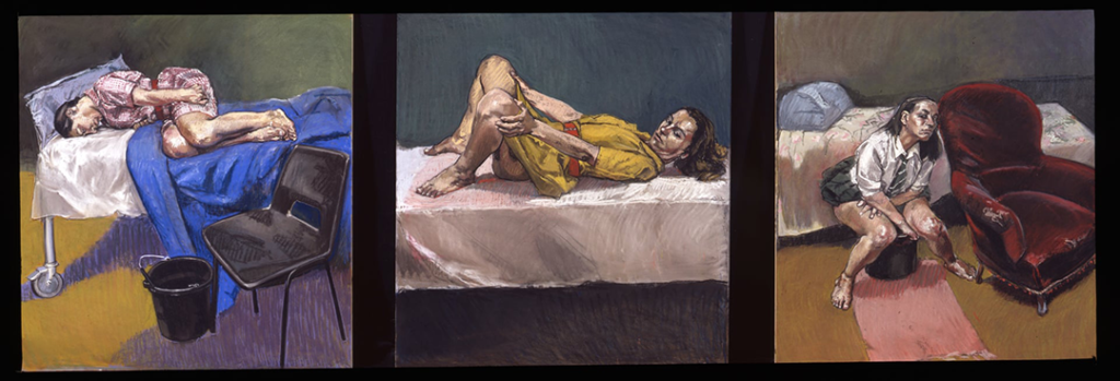 A triptych of paintings by Paula Rego which depict three women who are in the process of having an abortion--one sits curled on a bed with a bucket nearby, another sits with her legs up and spread, and a third sits over a bucket and towel.