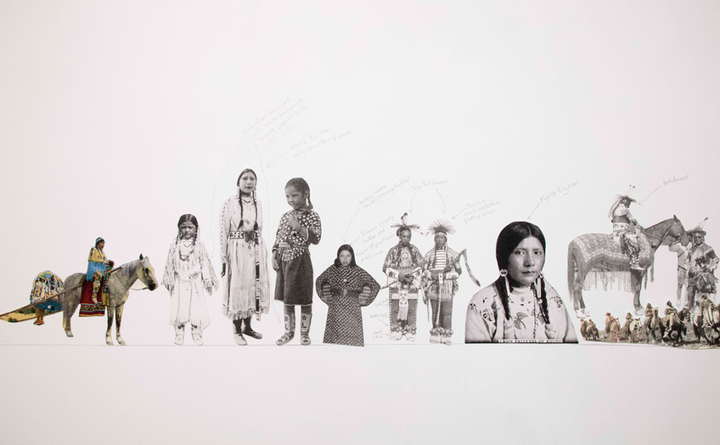 Wendy Red Star’s Um-basax-bilua, ‘Where They Make the Noise’ 1904–2016 is a timeline of historical images of Native Americans and the artist’s personal photographs, arranged in a 130-foot-long installation and annotated by the artist in pencil.