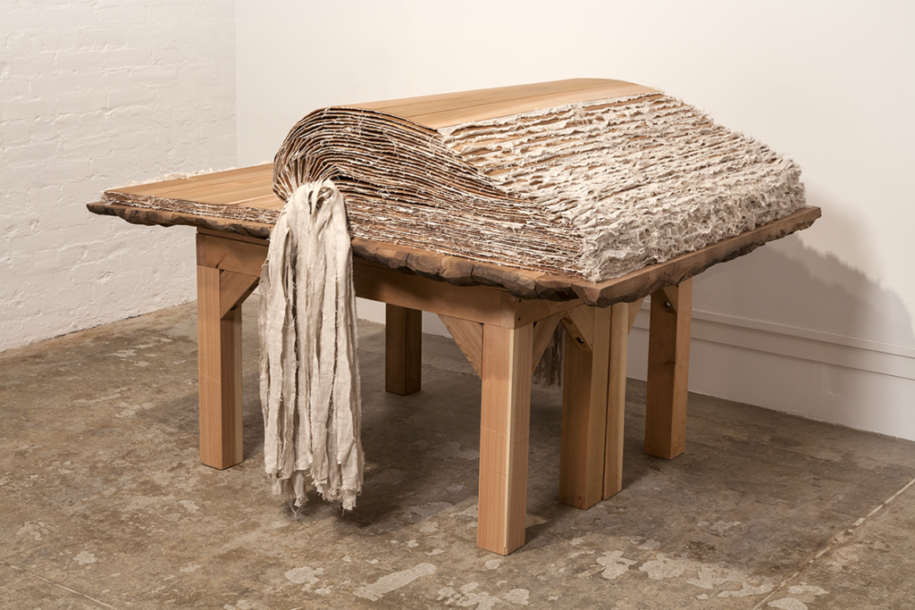 Von Rydingsvard departs from her towering forms with the delicate sculpture Book with no words II (2017–18). The empty, oversized tome comprises thin cedar pages bound with leather and linen. Here the artist may be representing the limits of language and all that is unnamable, encouraging the viewer’s imagination to take flight.