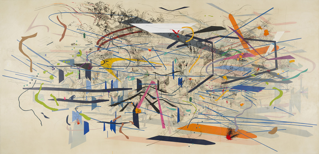 Julie Mehretu's Retopistics: A Renegade Evacuation painting, which features a variety of precise abstract shaped atop a cream background. 