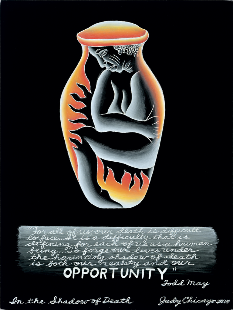 A black urn with an illustration of a woman sitting on the ground holding her naked body surrounded by flames. The urn is painted on a pitch black background. Text underneath reads "Opportunity."