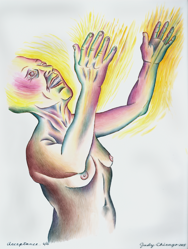 A bold woman with a light skin tone is opening up her arms to the sky, surrounded by yellow light.