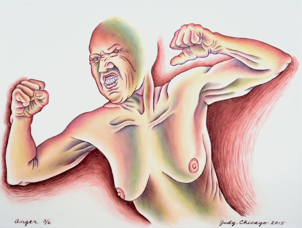 Portrait of a. woman with a light skin tone in the nude swinging her fists with an angry expression on her face. She is bold and her face is red of anger.