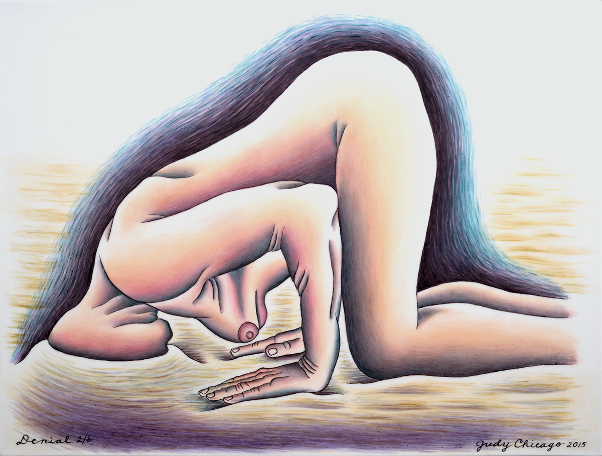A female body bent over forward to the ground, her body creating a triangle. She has a light skin tone and is in the nude.