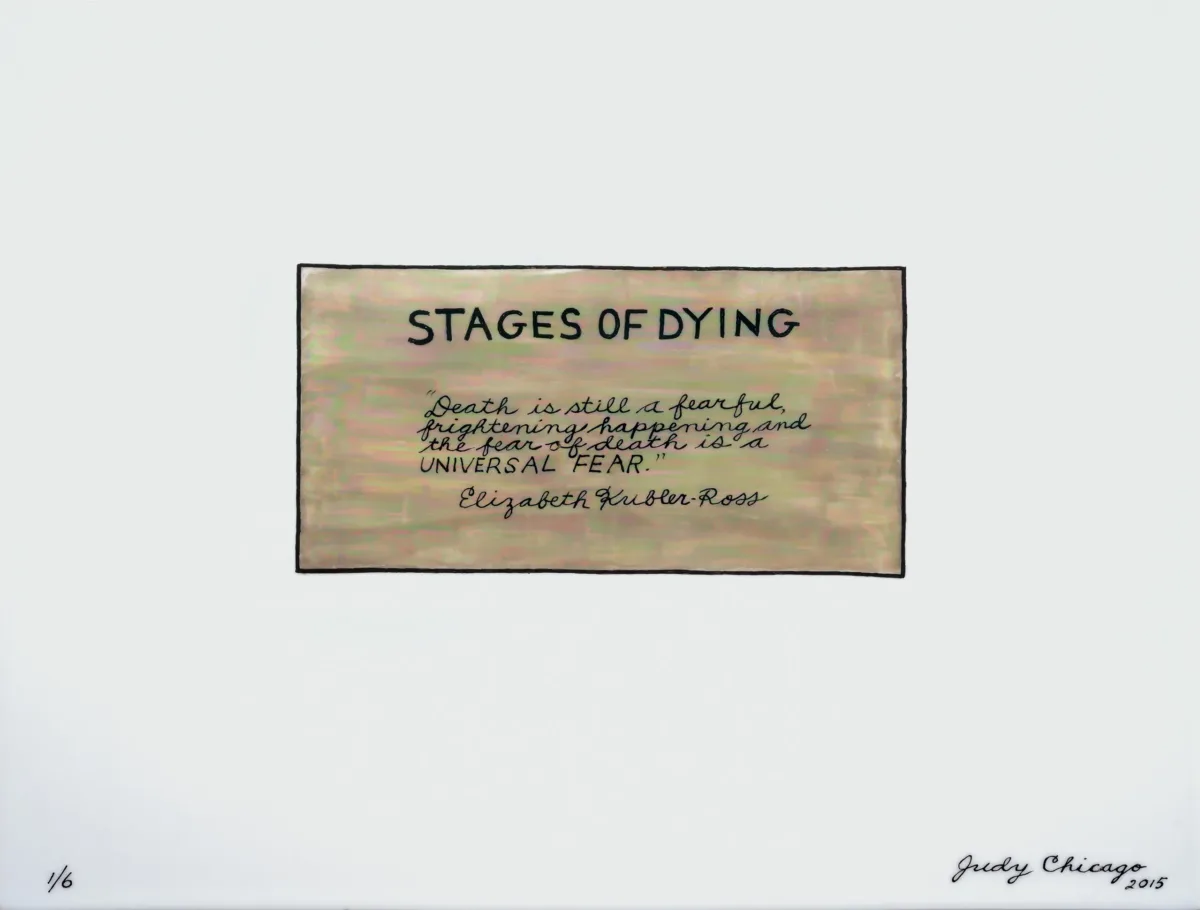 A painted sign with black text on a beige background. The text reads "Stages of Dying."