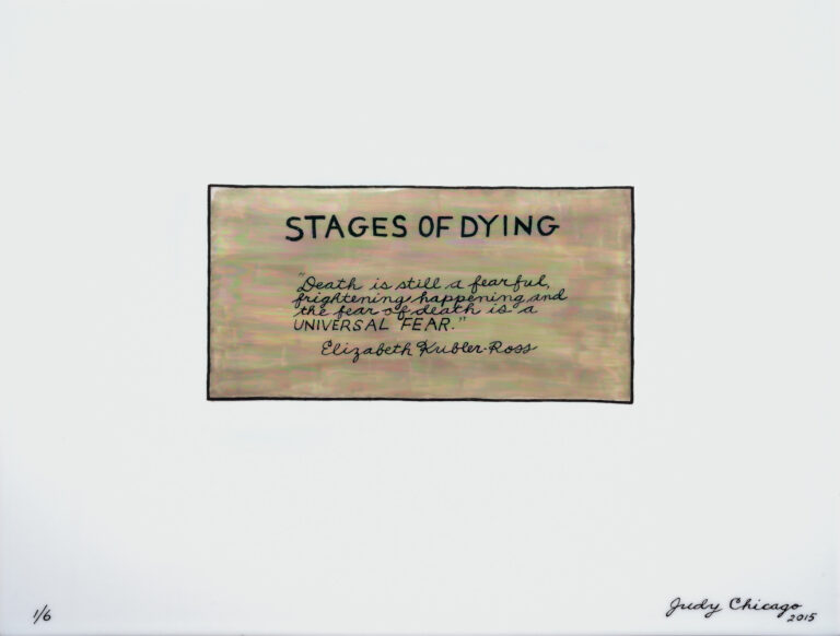 A painted sign with black text on a beige background. The text reads "Stages of Dying."