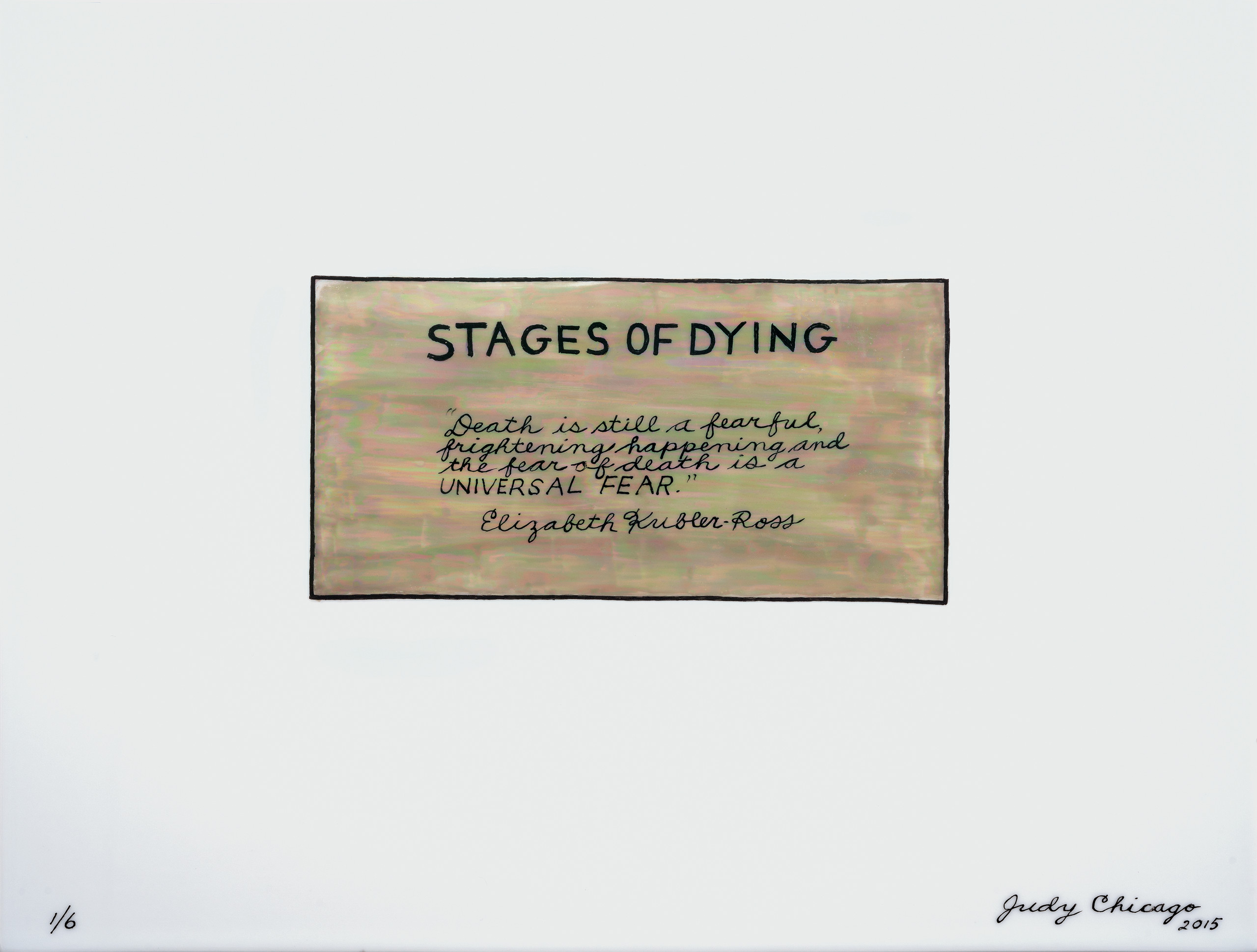 A painted sign with black text on a beige background. The text reads "Stages of Dying."