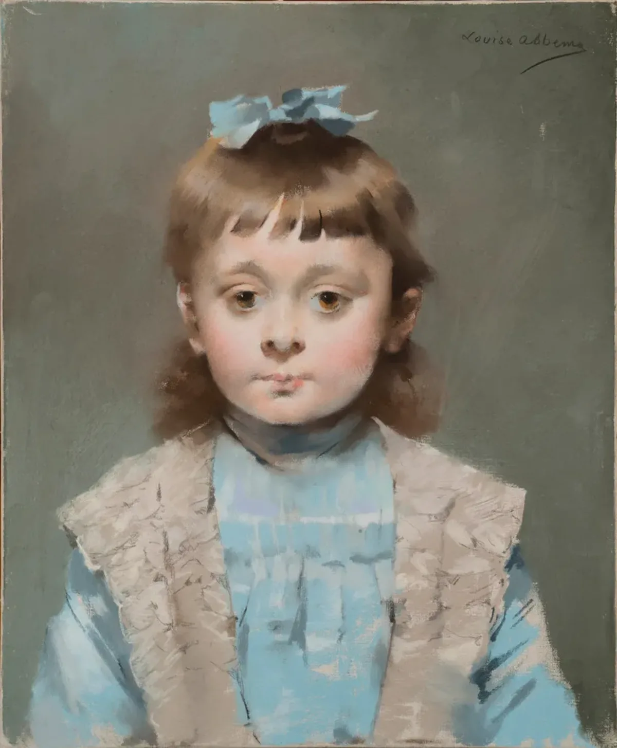 Straightforward pastel portrait of a young girl. She has light-skin, brown eyes and brown hair, which is held in place by a light blue bow that sits atop her head. It matches her blue dress, which is overlaid by a light shawl. She looks forward, with a focused gaze.