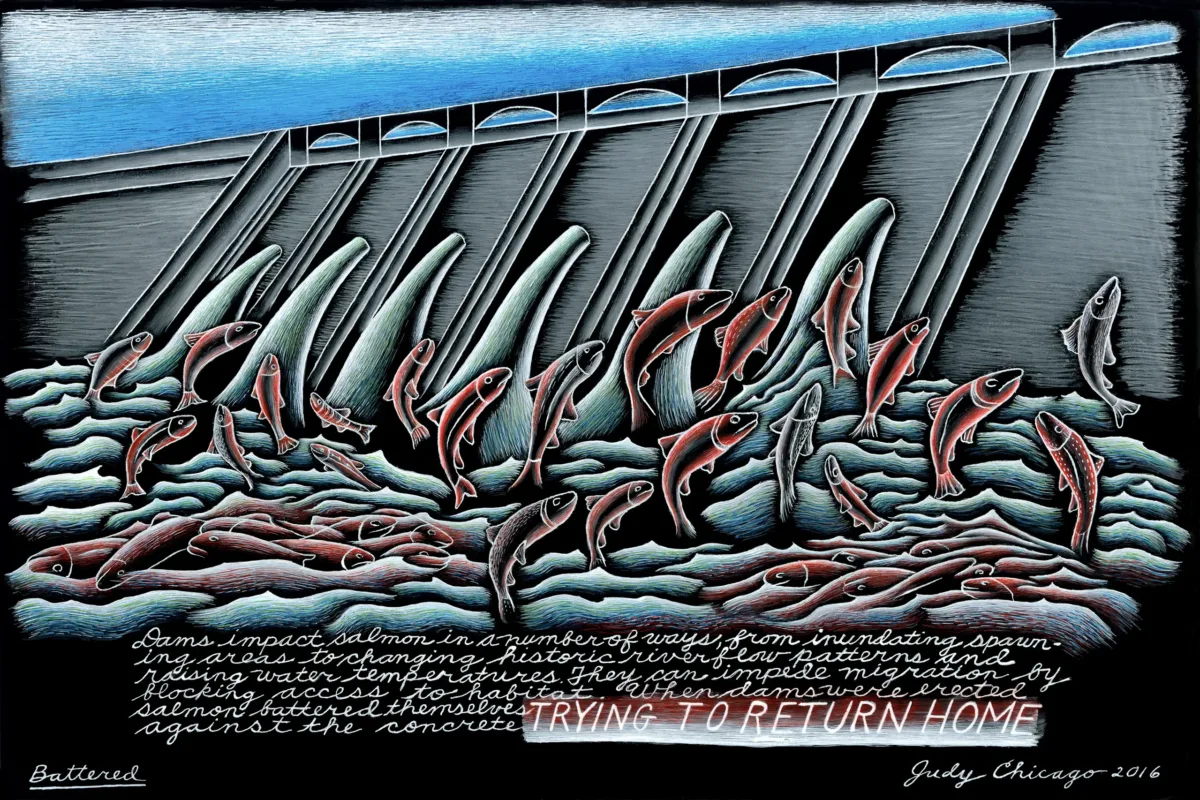 Painted black glass with a scene of salmon being blocked from swimming upstream by a large grey dam.