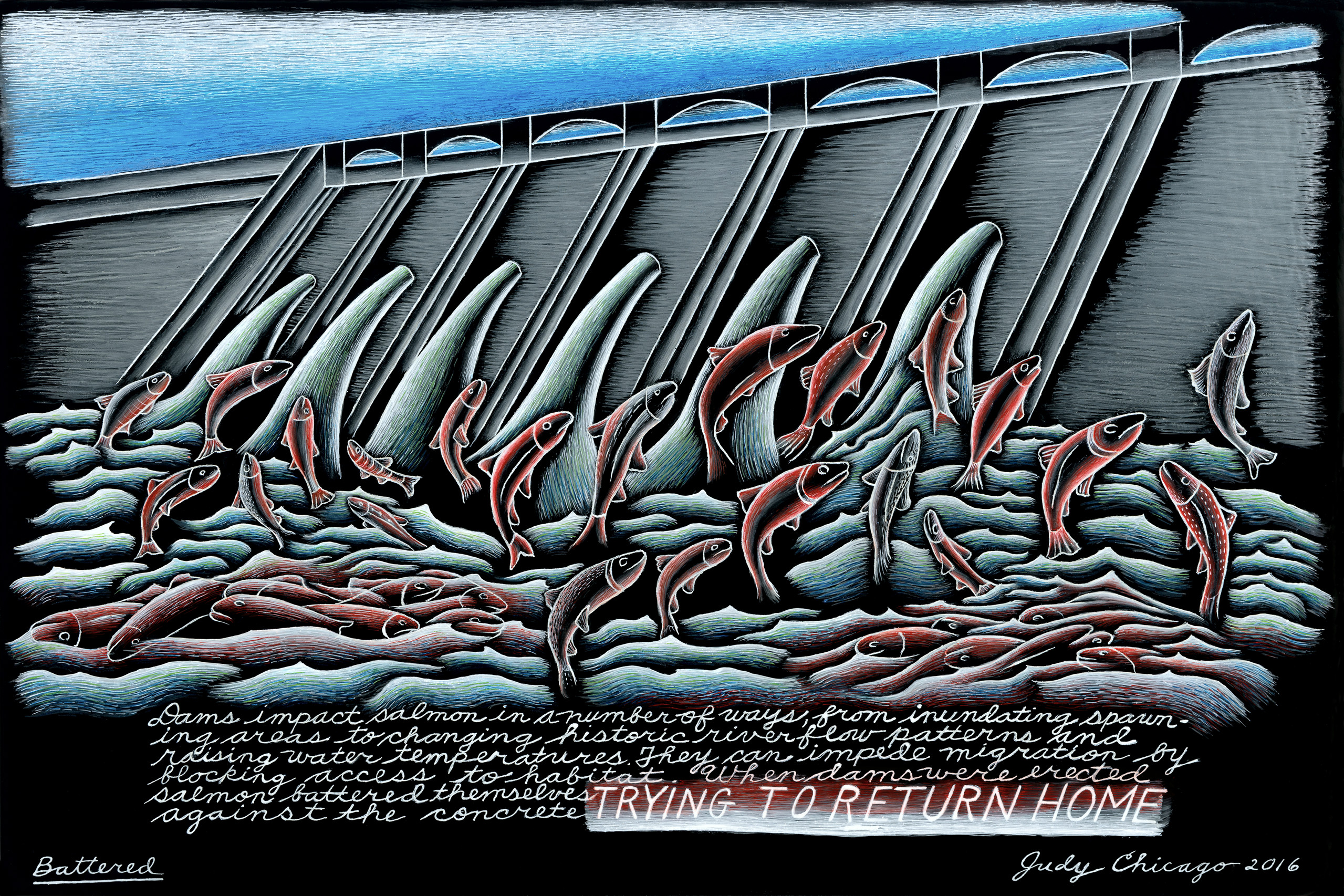 Painted black glass with a scene of salmon being blocked from swimming upstream by a large grey dam.