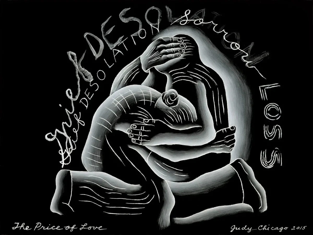 White painted image of two figures embracing on a black background. Handwritten text surrounds the figures states "grief desolation sorrow loss."