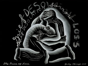 White painted image of two figures embracing on a black background. Handwritten text surrounds the figures states "grief desolation sorrow loss."