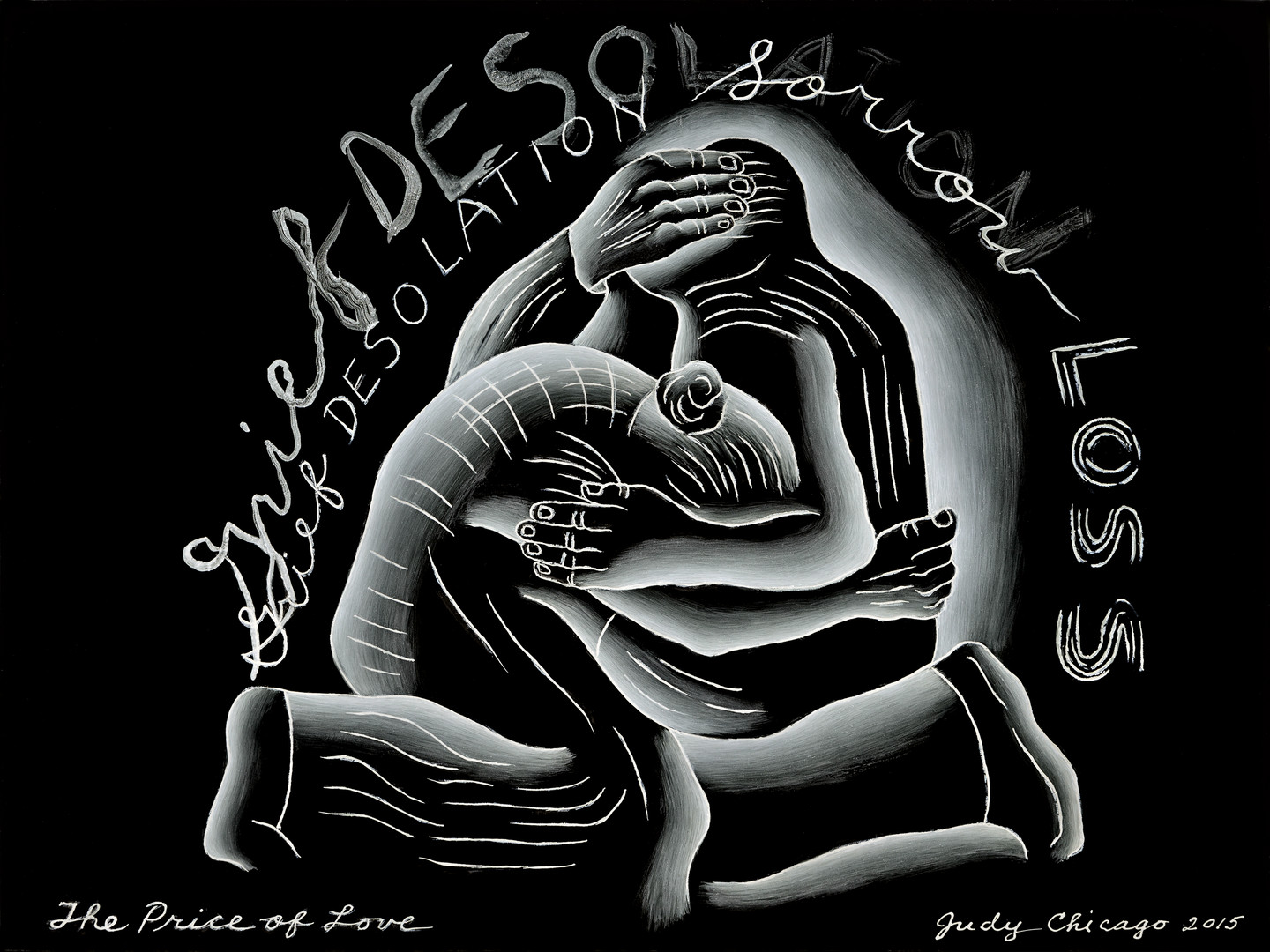 White painted image of two figures embracing on a black background. Handwritten text surrounds the figures states 