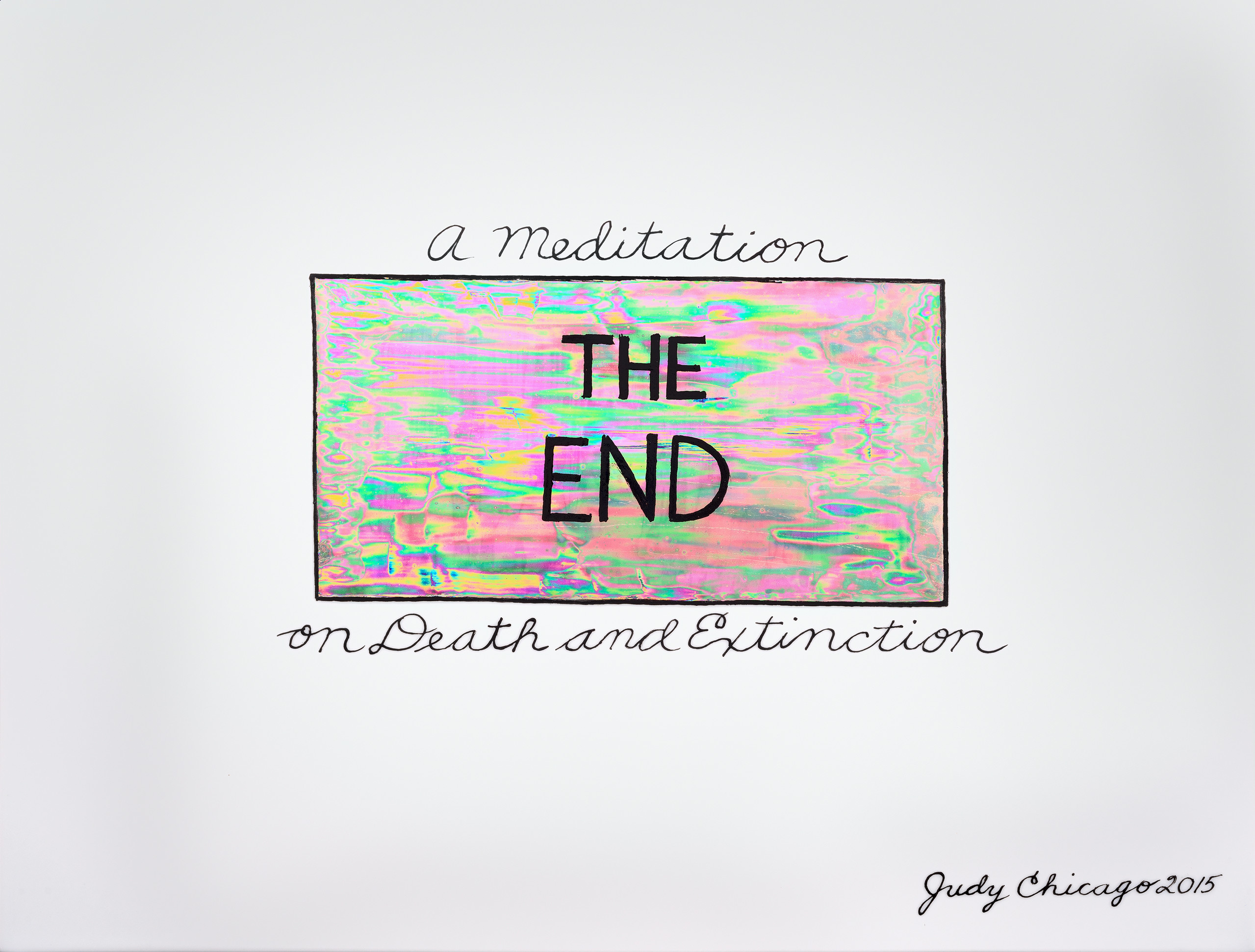The words 'The End' in bold, uppercase print is shown in an iridescent box of pinks and greens with a solid black border. 'A meditation' sits atop of the box in cursive writing and 'on Death and Extinction' sits below in the same lettering.
