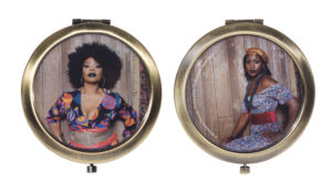 Two sides of a compact mirror, each featuring a photographic portrait of a black woman.