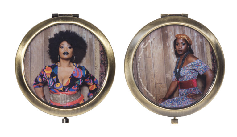 Two sides of a compact mirror, each featuring a photographic portrait of a black woman.