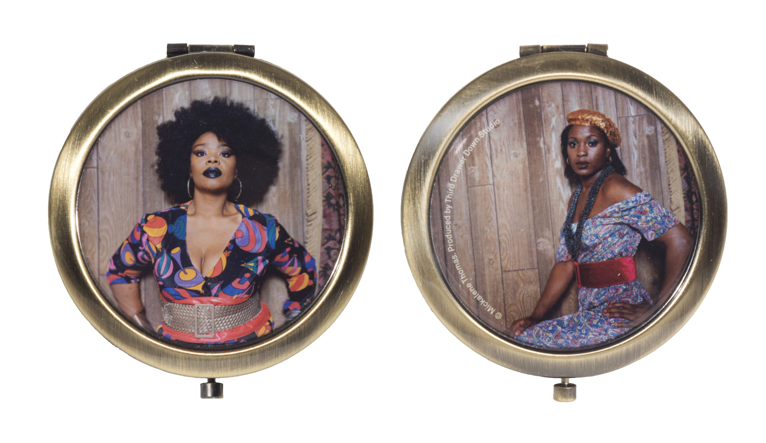 Two sides of a compact mirror, each featuring a photographic portrait of a black woman.