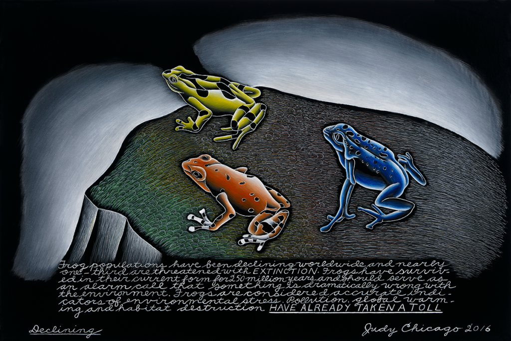 In Declining (2016), Chicago paints three frogs perched on a cliff facing a distant horizon. Underneath the illustration, she writes: Frog populations have been declining worldwide and nearly one-third are threatened with extinction. Frogs have survived in their current form for 250 million years and should serve as an alarm call that something is dramatically wrong with the environment. Frogs are considered accurate indicators of environmental stress. Pollution, global warming and habitat destruction have already taken a toll.