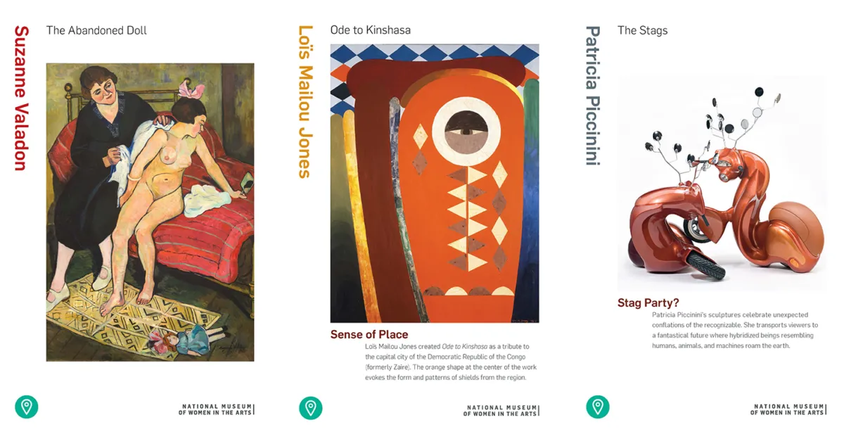 A sample of three informational cards on artworks in our collection that displays the artist name, artwork title, and artwork image.