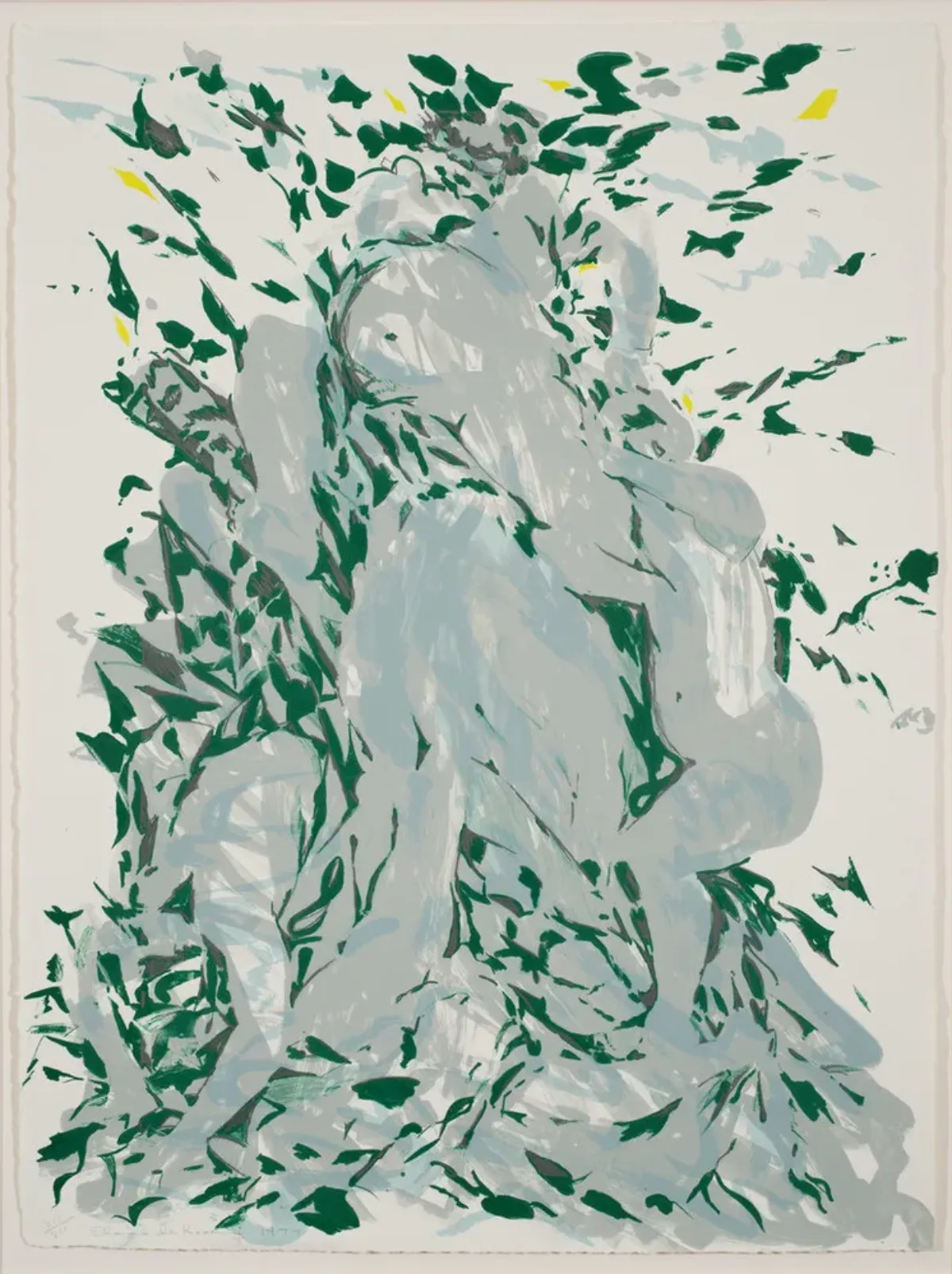 Large, vertical, abstract print featruing a central figure group in bachanalian revelry surrounded by nature. The expressively rendered figures are a pale grey surrounded by bursts of dark green, leaf-like shapes.