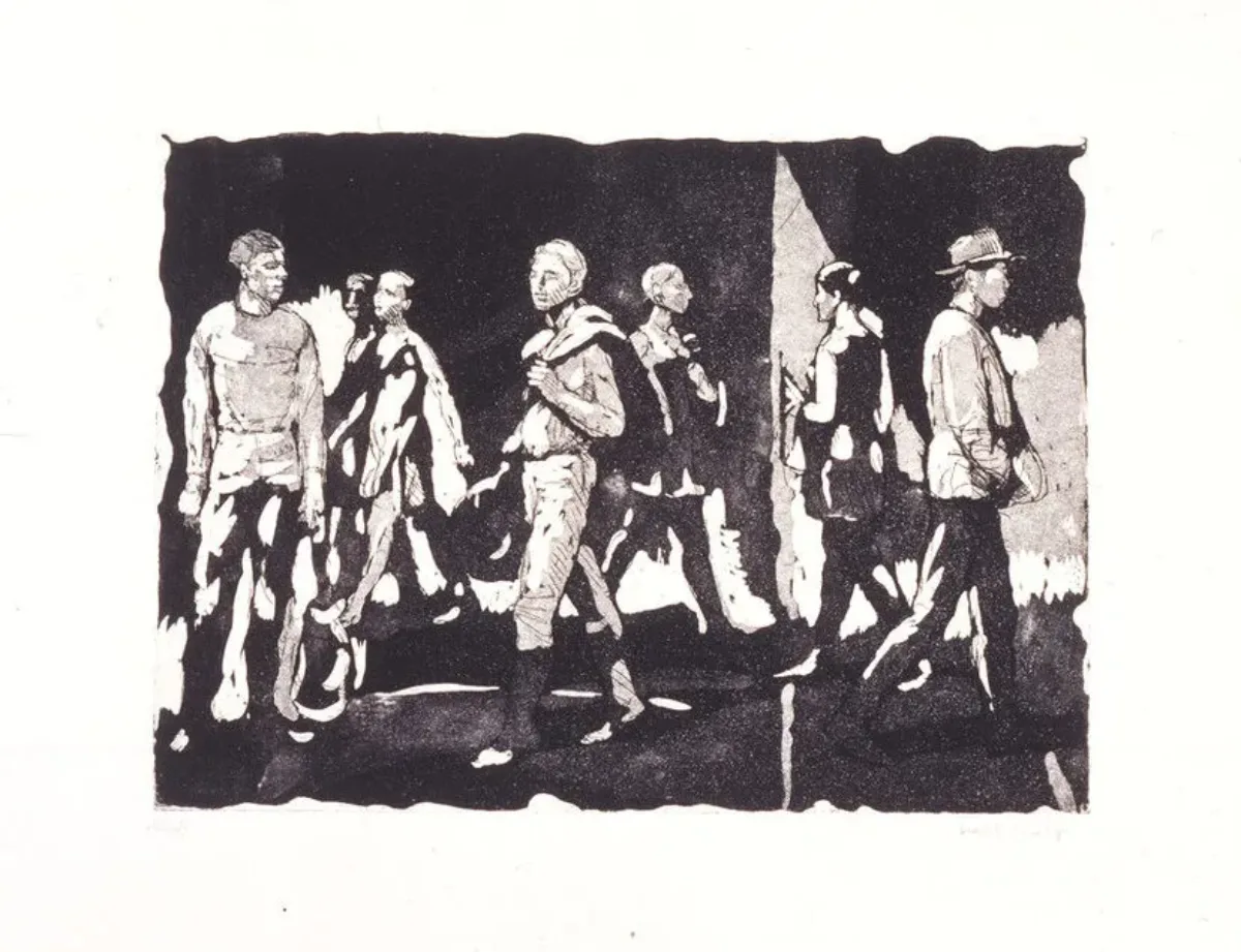 Print of men and women moving through space. Their black and white figures blend into the environment, with patches of light and shadow on their clothing flattening space. Some wear hats, others carry jackets slung over their shoulders, each moving in their own direction.