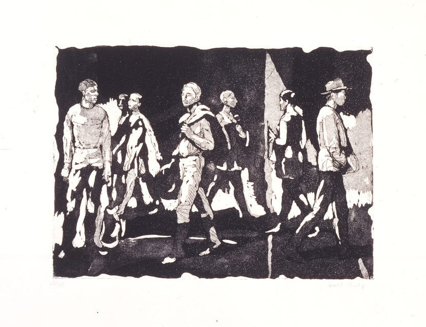 Print of men and women moving through space. Their black and white figures blend into the environment, with patches of light and shadow on their clothing flattening space. Some wear hats, others carry jackets slung over their shoulders, each moving in their own direction.