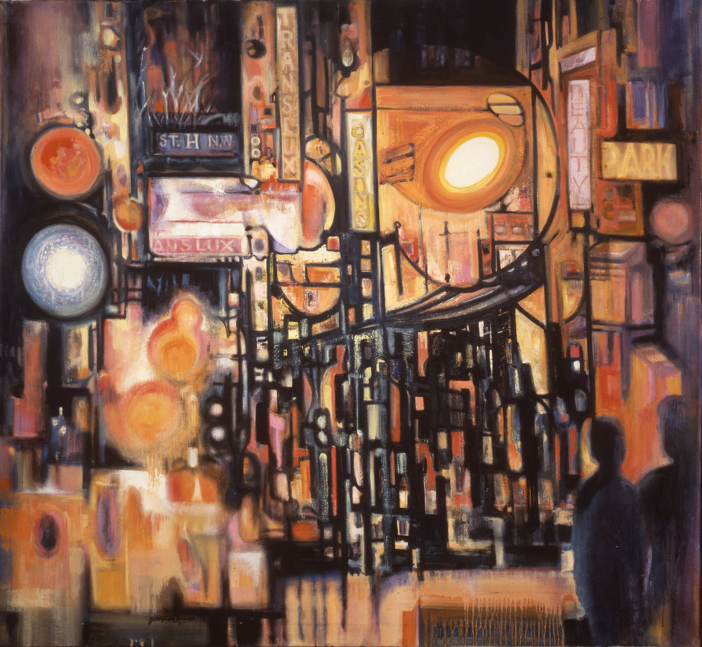Heavy black lines along with circles and ovals rendered in hot hues of orange and yellow evoke urban architecture and the glare of streetlights in an abstract painting. Two shadowy figures occupy the lower right, and legible signs include “Translux,” “St. H NW,” and “Casino.”
