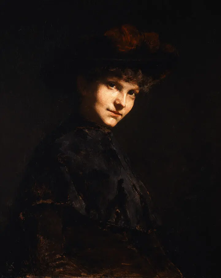 Realistic half-portrait of a light-skinned woman, set against a dark background, with her face brightly illuminated as she gazes directly at the viewer. She is clad in dark Victorian dress with her hair pinned up under a hat adorned with a red velvet bow.