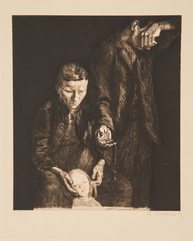 Print depicting a woman cradling the head of dead or ailing child in her lap; a man standing to her left turns away, covering his face with a hand.While the overall composition is black, with touches of light defining the features of the couple, a bright light illuminates the child's visage.