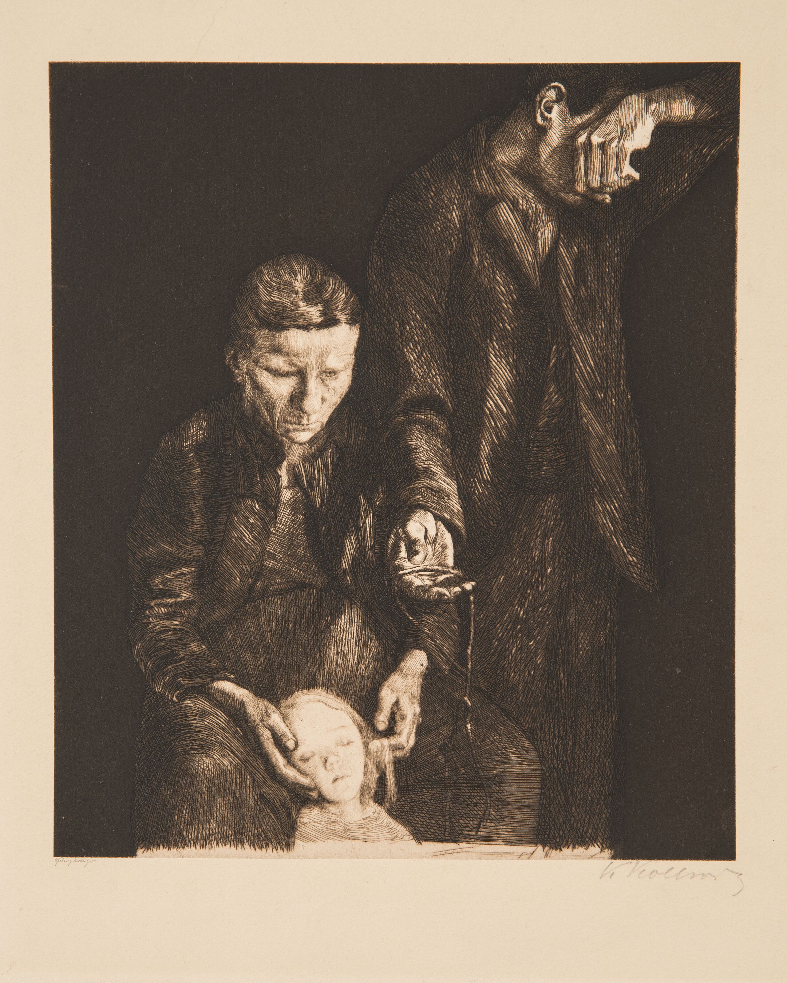 Print depicting a woman cradling the head of dead or ailing child in her lap; a man standing to her left turns away, covering his face with a hand. While the overall composition is black, with touches of light defining the features of the couple, a bright light illuminates the child's visage.