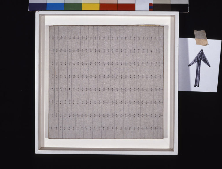 Painting with nine by twenty-six grids formed by pencil on a textured, gray background. Tiny silver nail heads hug the top and bottom of each section. Exact in design, the effect is one of imperfection as the lines are not perfectly straight and the nails do not totally line up.