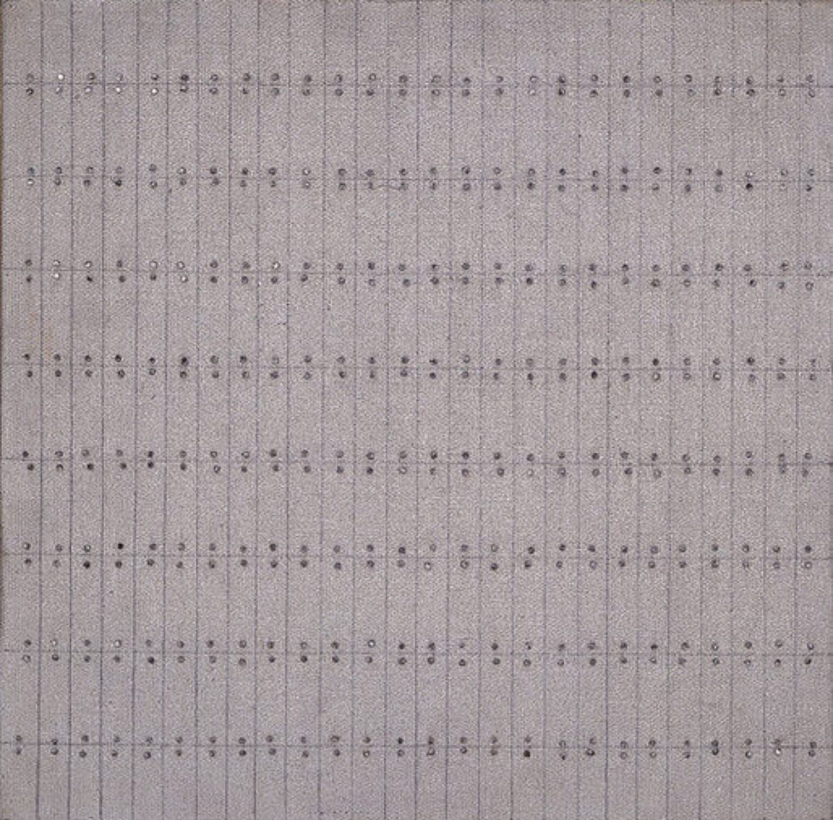 Painting with nine by twenty-six grids formed by pencil on a textured, gray background. Tiny silver nail heads hug the top and bottom of each section. Exact in design, the effect is one of imperfection as the lines are not perfectly straight and the nails do not totally line up.