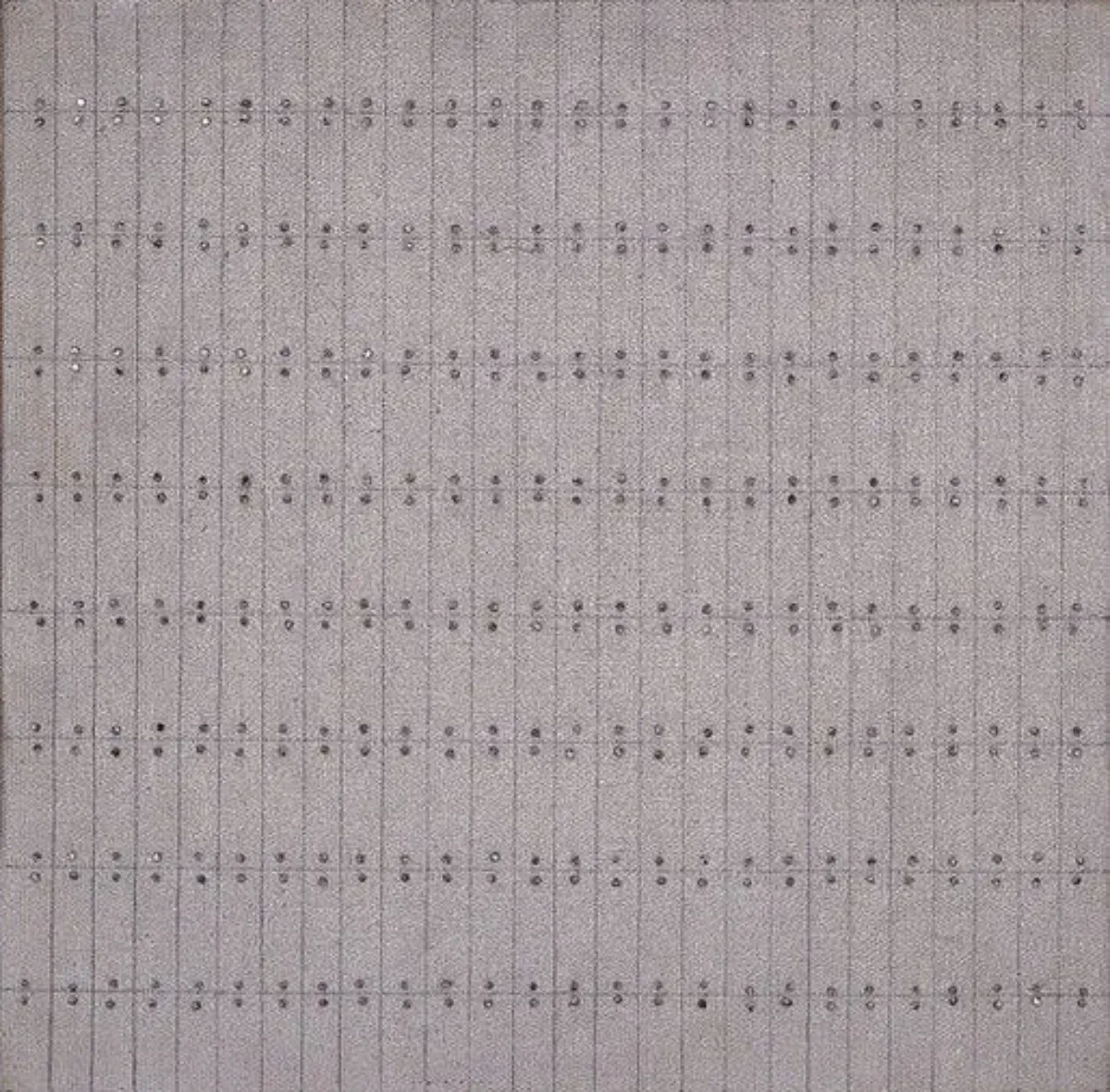 Painting with nine by twenty-six grids formed by pencil on a textured, gray background. Tiny silver nail heads hug the top and bottom of each section. Exact in design, the effect is one of imperfection as the lines are not perfectly straight and the nails do not totally line up.