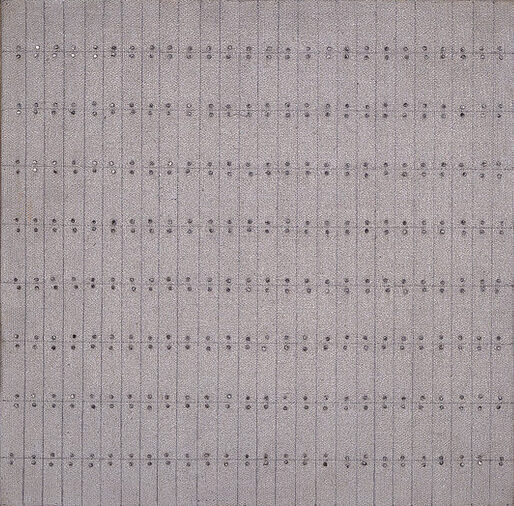 Painting with nine by twenty-six grids formed by pencil on a textured, gray background. Tiny silver nail heads hug the top and bottom of each section. Exact in design, the effect is one of imperfection as the lines are not perfectly straight and the nails do not totally line up.