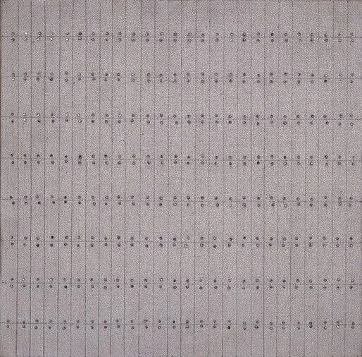 Painting with nine by twenty-six grids formed by pencil on a textured, gray background. Tiny silver nail heads hug the top and bottom of each section. Exact in design, the effect is one of imperfection as the lines are not perfectly straight and the nails do not totally line up.