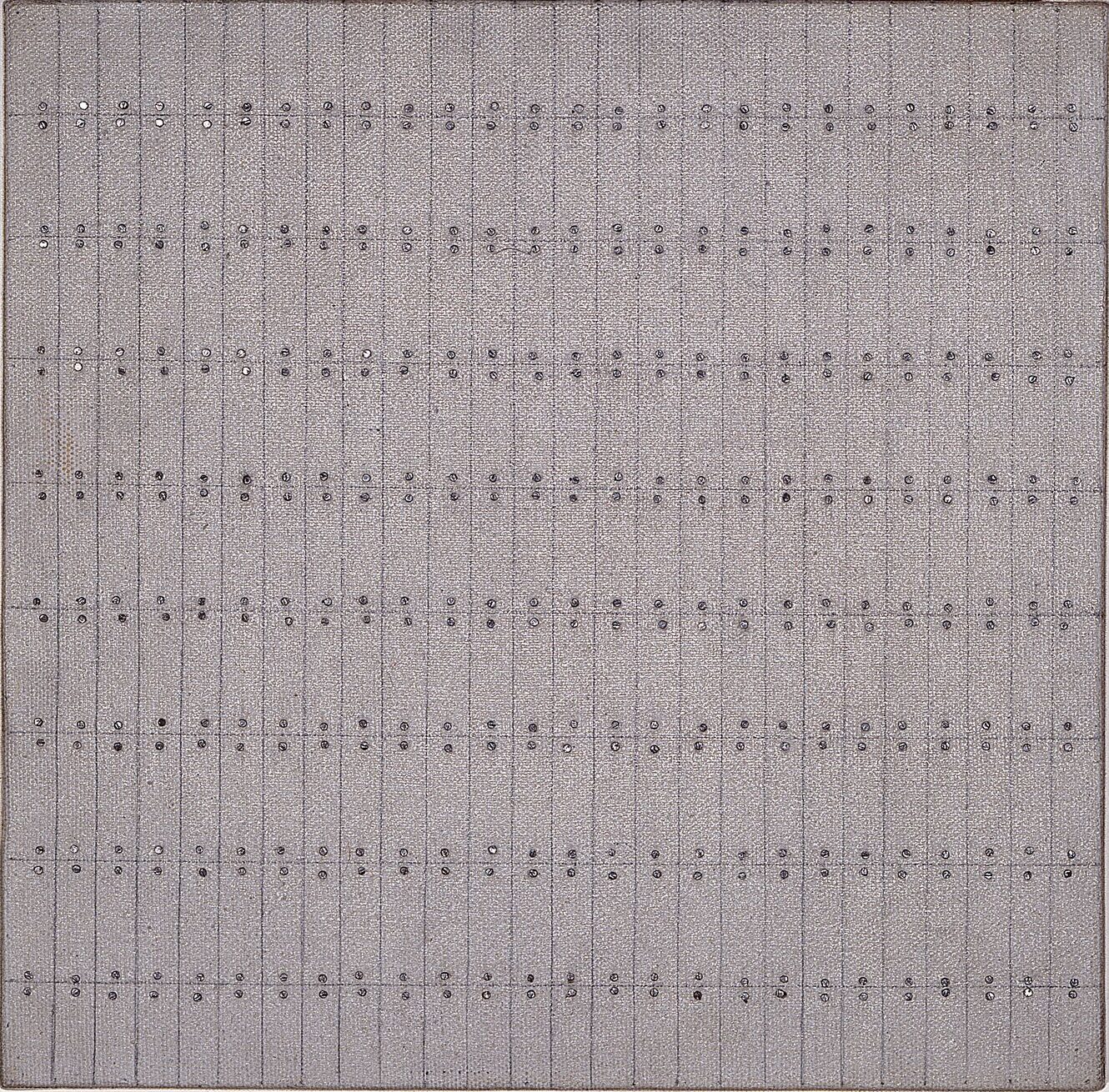 Painting with nine by twenty-six grids formed by pencil on a textured, gray background. Tiny silver nail heads hug the top and bottom of each section. Exact in design, the effect is one of imperfection as the lines are not perfectly straight and the nails do not totally line up.