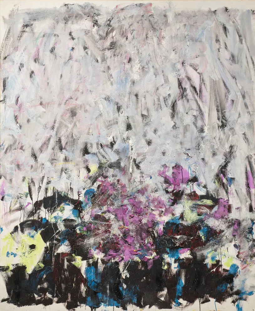 A vertical, abstraction features broadly painted strokes of pale gray, lavender, and cobalt in the upper two-thirds of the canvas. The colors continue in the lower third, along with touches of green, black, and other hues, but the expressive brushwork becomes denser and chaotic.