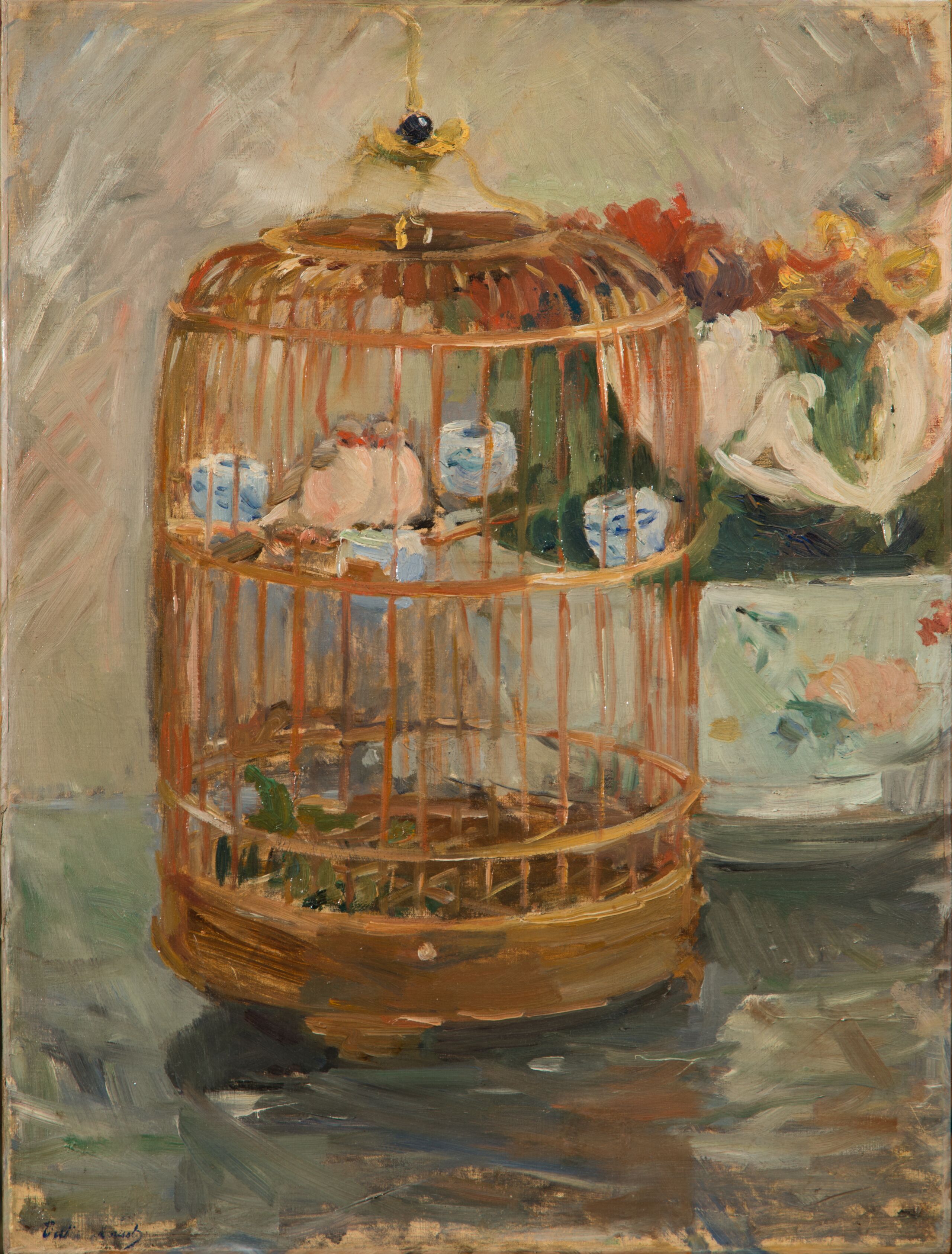 In loose, impressionistic brushstrokes and bright pastel tones, a still-life painting depicts a birdcage with two small birds cuddled together on a perch. The cage sits adjacent to and partially obscures a bowl of lush red, yellow, and white flowers.