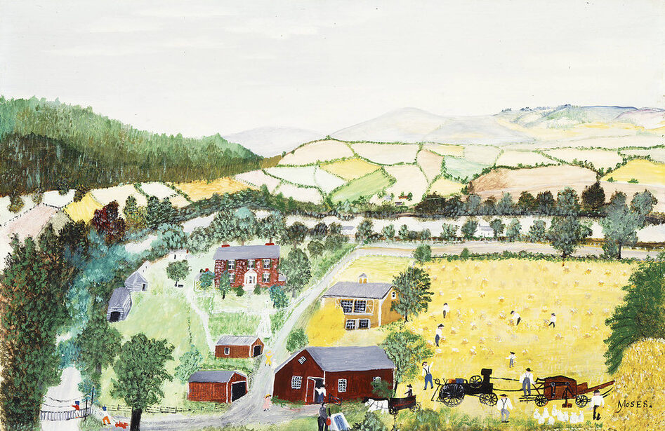 Bucolic landscape rendered in a naive, folk-style of painting. The horizonal composition features a patchwork of yellow and green fields on rolling hills set against a blue-gray sky. In the foreground study farm buildings surround small figures tending to the land.