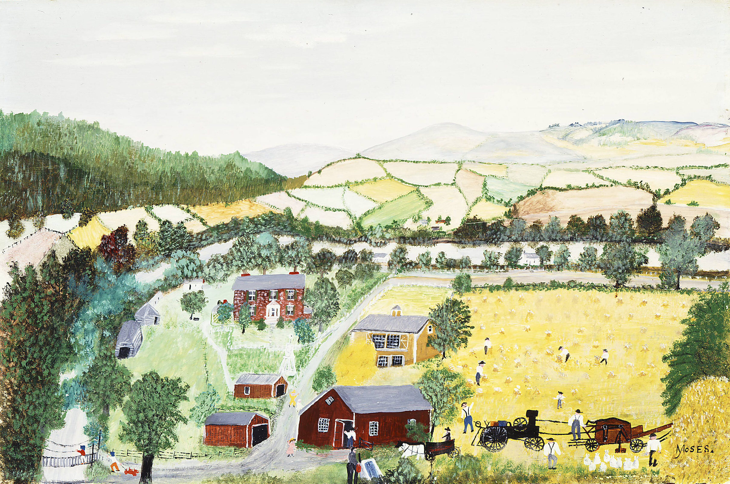 Bucolic landscape rendered in a naive, folk-style of painting. The horizontal composition features a patchwork of yellow-and-green fields on rolling hills set against a blue-gray sky. In the foreground, study farm buildings surround small figures tending to the land.