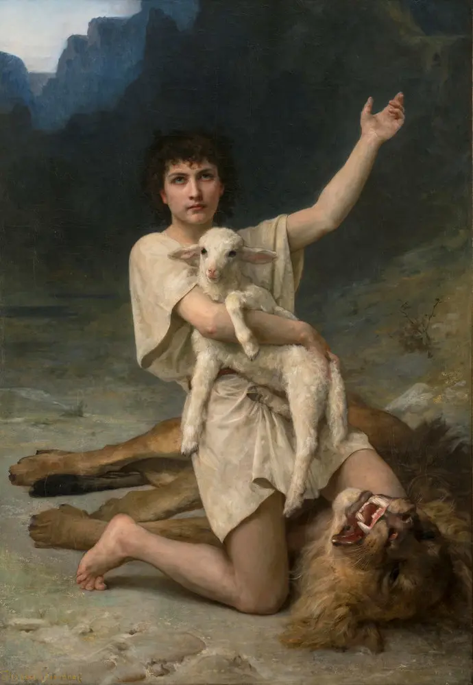 Realistic painting depicts a ight-skinned young man with dark curly hair, wearing a white tunic, set before distant mountains. He is kneeling victoriously atop a fearsome dead lion, clutching a serene lamb his right arm and gesturing heavenward with his left arm.