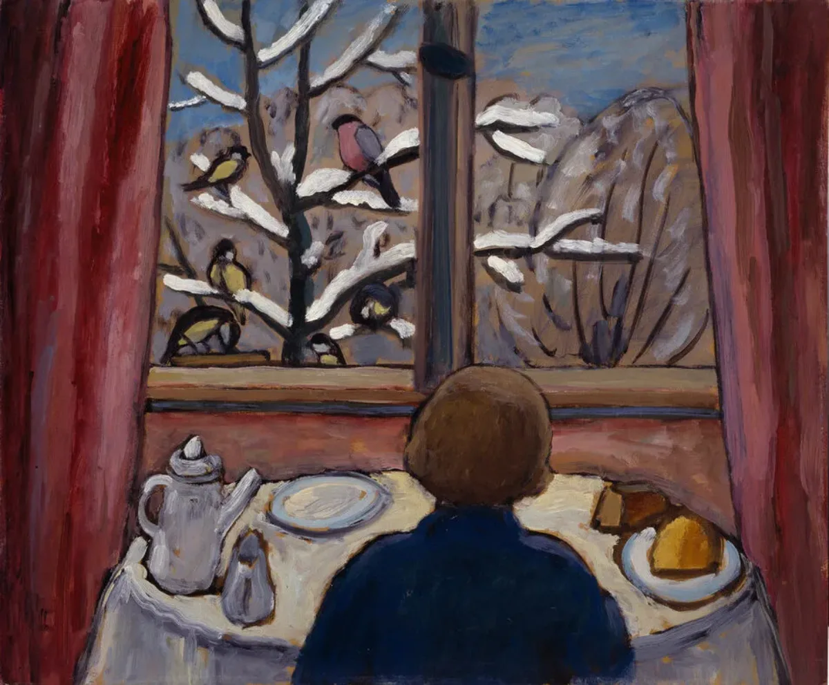 Using loose brushstrokes, a woman seated at a table in front of a window with her back to the viewer. The table is set with a teapot, creamer and plates with pasties. Outside the window is a winter scene with five birds perched upon the snow-covered branches of a barren tree.