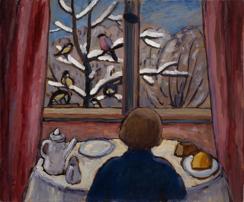 Using loose brushstrokes, a woman seated at a table in front of a window with her back to the viewer. The table is set with a teapot, creamer and plates with pasties. Outside the window is a winter scene with five birds perched upon the snow-covered branches of a barren tree.
