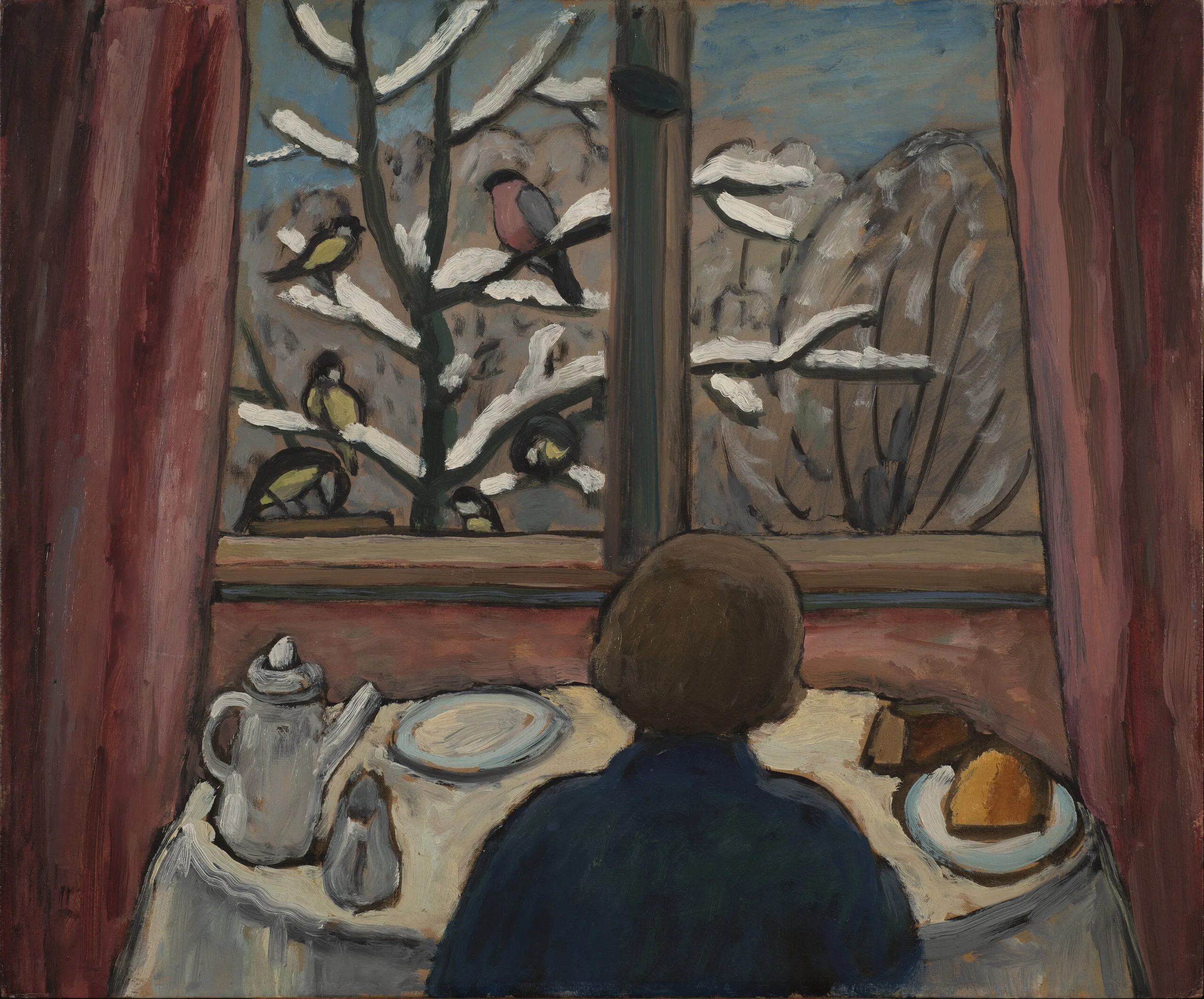 A woman is seated at a table in front of a window with her back to the viewer. The table is set with a teapot, creamer, and plates with pasties. Outside the window is a winter scene with five birds perched upon the snow-covered branches of a barren tree.